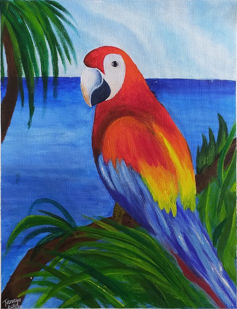 Parrot Painting Acrylic Easy, Summer Simple Paintings, Animals Painting Easy, Parrot Painting Easy, Nature Painting Ideas Easy, Animal Paintings Easy, Hummingbird Art Drawing, Parrot Drawing, Parrot Painting