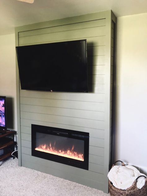 Shiplap Fireplace No Mantel, Sage Shiplap, Green Shiplap Fireplace, Fireplace No Mantel, Fireplace Colors, Green Shiplap, Shiplap Fireplace, Electric Fire, Electric Fires