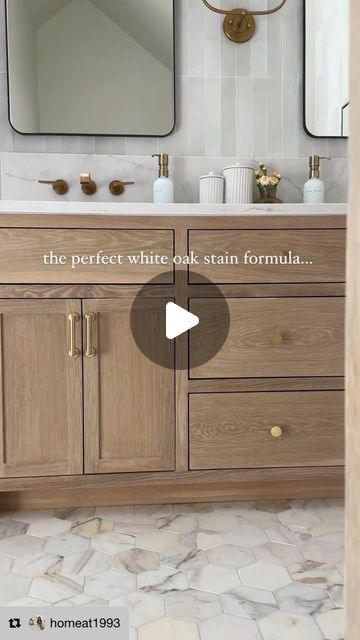 Interiors with Becky on Instagram: "Racking your brain to find the perfect white oak stain? It can be quite the challenge! This blend goes perfectly with both brass and black finishes, and is the perfect neutral to complement the warmer tones in this bathroom. Can also be used for kitchen cabinets! 

👉 Screenshot the label shown in this reel and get it mixed at any Sherwin Williams or paint store, or send it to your contractor! 

👉 Save this for reference if you want to come back and look at it later 

👉 PSA: ALWAYS test the stain on a smaller piece of white oak in the room you’re going to be using it in and place with other materials/finishes in the room. This is SO important as each space is different and stains look different in different lighting conditions. 

#bathroomdesign #bathr Oak Cabinets With White Countertops Bathroom, Stain For White Oak Cabinets, Black Stained Oak Cabinets, Neutral Painted Bathroom Cabinets, White Oak Bathroom Vanity And Olive Paint, White Oak Cabinets Bathroom, White Oak Stained Cabinets, White Oak Bathroom Cabinets, Riff Sawn White Oak Cabinets