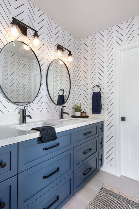 Rustic Blue Bathroom Ideas, Bathroom Decor Blue Vanity, Dark Navy Bathroom Ideas, Bathroom Design With Blue Vanity, Navy Bathroom Accent Wall, Blue Farmhouse Bathroom Ideas, White Bathroom Colorful Accents, Bathrooms With Navy Cabinets, Kid Boy Bathroom