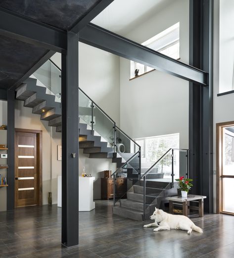 Structural Beams Open Spaces, Exposed Steel Beams Ceiling, Steel Beams Interior, Exposed Stairs, Open Stairs In Living Room, Steel Beam House, Entry Staircase, Custom Staircase, Beam House