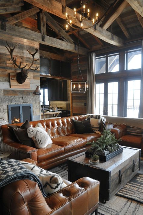 13 Stylish Rustic Home Decor Ideas For A Cozy Space - DreamyHomeStyle Cabin Couches Rustic, Building Roots Hgtv Decor, Vintage Cabin Decor Living Room, Texas Decorating Ideas Ranch Style, Moody Western Living Room, Rustic Mountain Homes Interior, Yellowstone Decor, Country Home Aesthetic, Western Decor Ideas