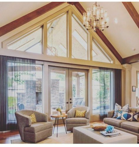 Living Room With Door, Trapezoid Windows, Big Windows Living Room, Apex Window, Gable Window, Home Board, Big Windows, Living Room Windows, Living Room Remodel