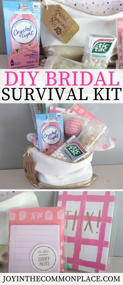 Are you looking for bridal shower gift ideas? Try creating a bride's emergency or survival kit. The bride to be can bring these useful items along on her wedding day! #wedding #bridalshower #survivalkit #emergencykit #giftideas #gifts #bridetobe #weddingday Bridal Kit, Survival Gifts, Bride Basket, Bride Survival Kit, Bride Emergency Kit, Creative Bridal Shower Gifts, Bridal Shower Gift Ideas, Shower Checklist, Diy Bridal Shower Gifts