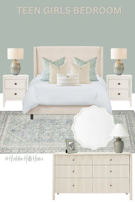 Cute teen girls bedroom decor mood board with cream and seafoam green color palette! Sea Foam Green Bedroom Ideas, Mint Green Girls Bedroom, Sw Quietude, Sage Green And Blue Bedroom, Wednesday Room, Bedroom Ideas Sage Green, Bedroom Ideas Sage, Seafoam Green Bedroom, Room Sage Green