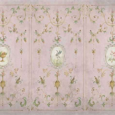 A stunning French style panel design each with a central motif and elegant detail. Shown in the rose pink toned colourway. Supplied as 8 lengths on a single roll. Design does not have a repeating image. French Vintage Wallpaper, Pink Chinoiserie Wallpaper, Rose Mural, Dreamy Furniture, Chanel Decor, French Wallpaper, Wallpaper Rose, Dining Room Wallpaper, Victorian Wallpaper