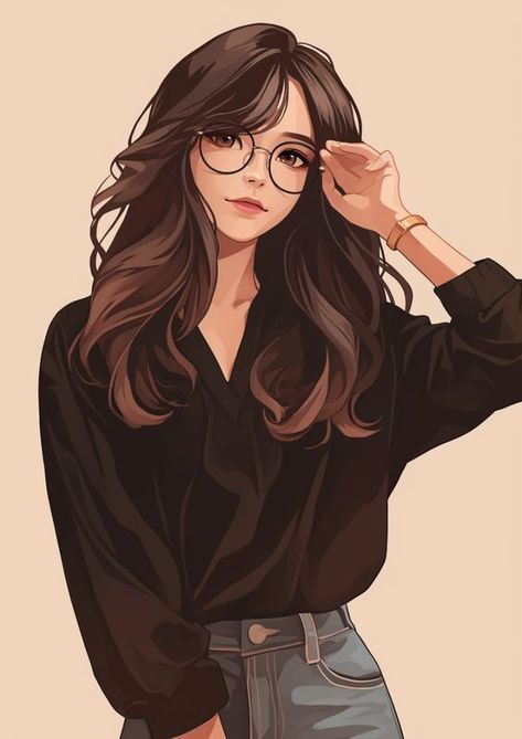 Girly Art Illustrations Black, Cartoon Profile Pics With Glasses, Office Character Design, Brunette Character Design, Professional Illustration, Aesthetic Profile Picture Cartoon Soft, Into Art, Girly Art Illustrations, Digital Art Anime