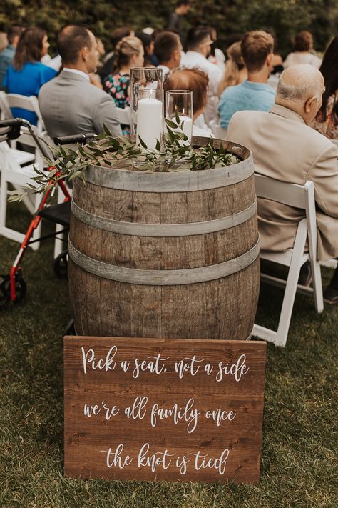 Magical Casual Garden Wedding at Woodbridge Ponds Simple Wine Barrel Decor Wedding, Rustic Barrel Wedding Decor, Rustic Ceremony Decor Outdoor Weddings, Country Sheek Wedding Decor, Wedding Ceremony Wine Barrels, Decorating Wine Barrels For A Wedding, Rustic Wedding Decor Ceremony, Wine Barrel Decor Wedding, Hobo Wedding Decorations