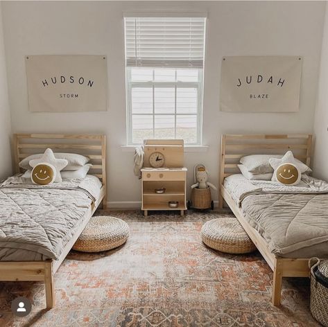 Double Toddler Bed Shared Rooms, Twin And Crib Shared Room, Minimalist Shared Bedroom, Boho Bedroom 2 Twin Beds, Toddler Bed Twin Bed Shared Room, Brother Sister Bedroom Ideas, Gender Neutral Sibling Bedroom, Two Toddler Beds Shared Rooms, Toddler Boy Shared Room