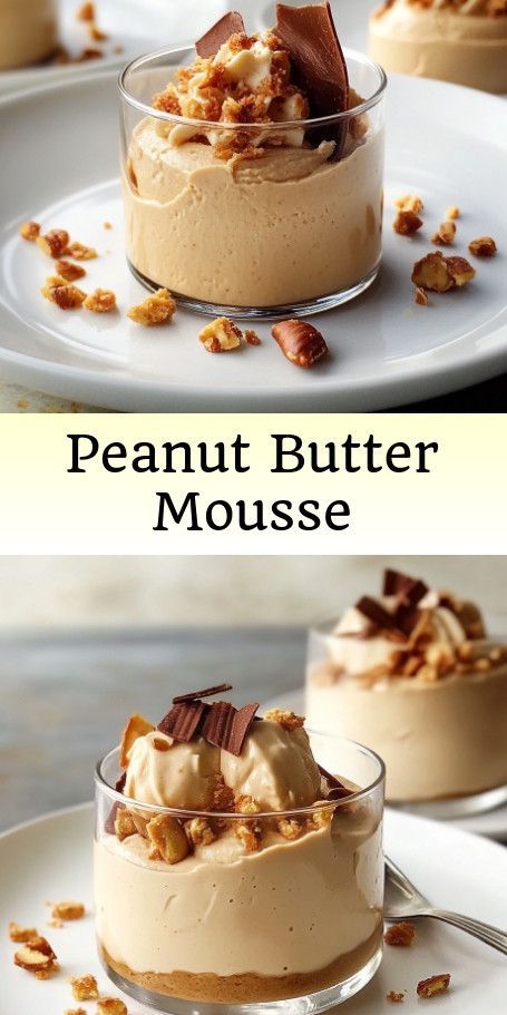 "Peanut Butter Mousse Delight Recipe - Easy, Creamy, and Indulgent!" Indulge in the creamy and rich flavor of this Peanut Butter Mousse Delight, a perfect blend of simplicity and decadence. With just five ingredients, this dessert is an easy-to-make treat that will satisfy your sweet tooth and impress your guests. #PeanutButterLovers #MousseMagic #EasyDesserts #SweetToothSatisfier #NoBakeDelight #WhippedCreamDream #FluffyGoodness #DessertIdeas #SimpleJoy" Easy Peanut Butter Mousse, Peanut Butter Mousse Brownie Cups, Easy Mousse Dessert Recipes, Peanut Butter Mouse Cake, Peanut Butter Mouse Cake Filling, Peanut Butter Trifle Desserts, Banana Mousse Recipe, Peanut Butter Parfait Dessert, Pineapple Mousse Recipe