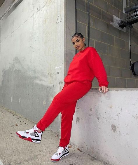 4s Outfit Women, Scrub Fits, Sportive Outfit, Tracksuit Outfit Women, Jordan 4 Retro Fire Red, 4s Outfit, Red Tracksuit, Tracksuit Outfit, Flawless Beauty