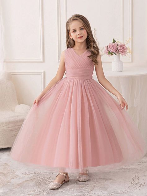 Girls' Pink Birthday Party Long Tutu Dress, Bridesmaid Wedding Flower Girl Gown Pink Elegant  Sleeveless Mesh Fabric Plain Fit and Flare Non-Stretch  Tween Girls Clothing, size features are:Bust: ,Length: ,Sleeve Length: فستان زهري, Flower Girl Gown, Long Tutu, Pink Birthday Party, Rose Bonbon, Wedding Flower Girl, Pink Birthday, Tutu Dress, Wedding Bridesmaids