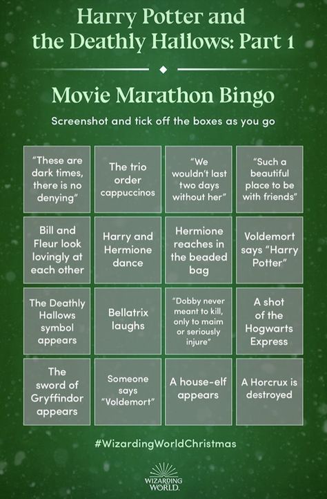 Harry Potter Bingo, Harry Potter Movie Marathon, Harry Potter Party Games, Harry Potter Marathon, Harry Potter Movie, The Hallow, Movie Marathon, Harry Potter Movies, Slumber Parties