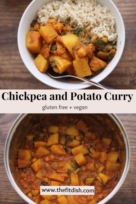 A simple and wholesome vegan curry with chickpeas and potatoes. A lovely mix of spices. Pea Potato Curry, Chickpea Potato Curry, Chickpeas And Potatoes, Chickpea And Potato, Spinach And Potato Recipes, Chickpea Potato, Curry With Chickpeas, Chickpea And Potato Curry, Whole Grain Rice