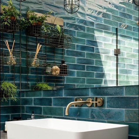 Illumina Marine Wall Tiles 7.5x30cm Emerald Wall, Island Kitchens, Bathroom Splashback, Simple Bathroom Designs, Kitchens Ideas, Teal Bathroom, Guest Bathroom Remodel, Bilik Air, Home Idea