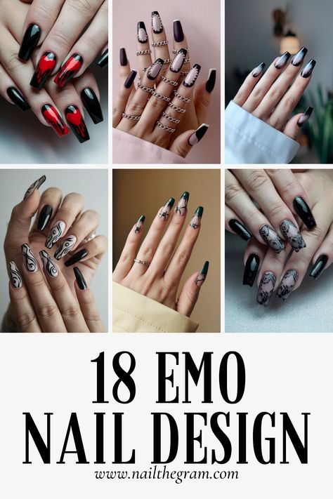 Article about 18 emo nail designs, featuring dark, edgy, and artistic styles to reflect your unique personality.

Emo nail designs, Edgy nail art, Dark nails Goth Nail Inspo Coffin, Nail Art Designs Edgy, Edgy Square Nails, Alt Black Nails, Goth Witch Nails, Black And White Funky Nails, Emo Goth Nails, Emo Aesthetic Nails, Nails Acrylic Emo