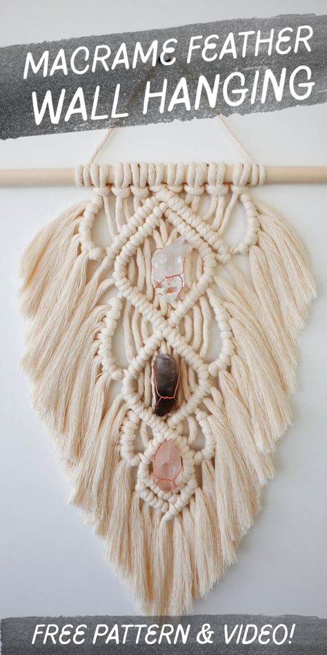 How to Make a Macrame Feather Wall Hanging (Tutorial) Large Macrame Wall Hanging Tutorial, Macrame Patterns Free, Macrame Leaf Tutorial, Large Macrame Wall Hanging Pattern, Macrame Wall Hanging Pattern Free, Wrap Crystals, Macrame Hangers, Leaf Wall Hanging, Macrame Feather Wall Hanging