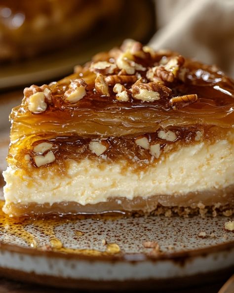 Honey Baklava Cheesecake Ingredients: 1 1/2 cups graham cracker crumbs 1/2 cup unsalted butter, melted 1 cup chopped walnuts 1 cup chopped pecans 1/4 cup honey (for nut layer) 24 oz cream cheese, softened 1 cup granulated sugar 3 large eggs 1 tsp vanilla extract 1/2 cup Greek yogurt 1/4 cup honey (for topping) 1/2 tsp ground cinnamon Directions: Preheat your oven to 325°F (160°C). Grease a 9x9-inch baking dish and line it with parchment paper. In a medium bowl, combine the graham cracker... Honey Baklava, Baklava Dessert, Greek Baklava, Cheesecake Ingredients, Baklava Cheesecake, Graham Cracker Crumbs, Graham Cracker, Chopped Pecans, Baking Dish