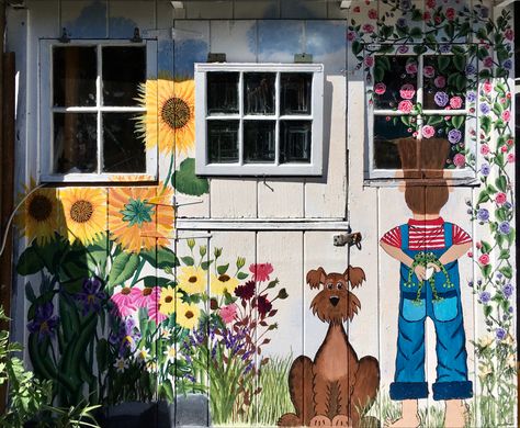 Shed Mural, Backyard Painting, Goat Pen, Pool Shed, Stand Ideas, Mural Ideas, Garden Sheds, Flower Stand, Chicken House