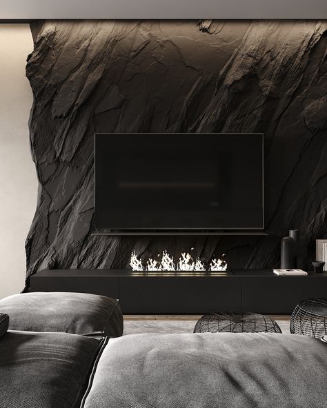 Black Interior Design, Tv Wall Design, Home Design Living Room, Hallway Ideas Entrance Narrow, Home Room Design, Tv Room, Tv Wall, Stone Wall, Dream Home Design