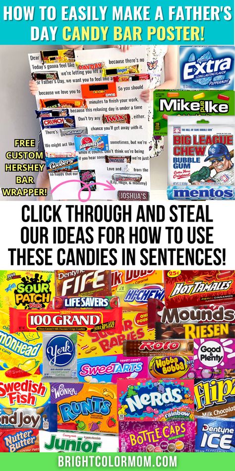 large collage of candy as well as a completed Father's Day candy bar poster and text reading "How to easily make a Father's Day candy bar poster! Click through and steal our ideas for how to use these candies in sentences" Candy Board For Fathers Day, Candy Bar Posters For Father’s Day, Candy Bar Fathers Day Card, Candy Bar Posters Valentines Day, Candy Bar Message Board, Principal Candy Bar Poster, Candy Poster Board For Teacher, Father’s Day Candy Boards, Candy Bar Posters For Christmas