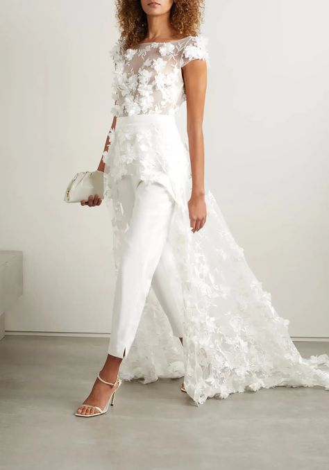 Jumpsuit With Train, Lace Jumpsuit Wedding, White Jumpsuit Wedding, Winter Wedding Fashion, Wedding Pantsuit, Rime Arodaky, Wedding Dress Outfit, Crepe Jumpsuit, Bridal Jumpsuit