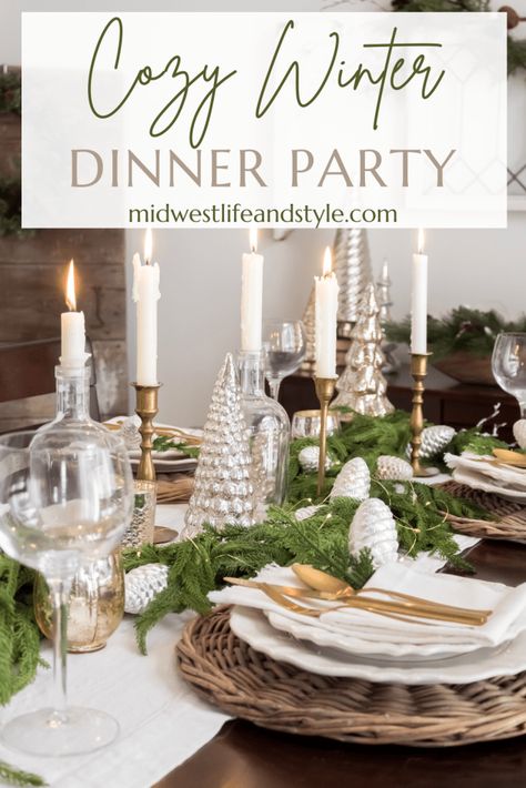 How To Properly Set A Dinner Table, How To Set A Round Table, Winter Themed Dinner Party Ideas, Hygge Dinner Party, January Dinner Party Themes, Winter Dinner Party Tablescape, How To Set A Table For Dinner, Winter Dinner Party Ideas, Setting Table For Dinner Party