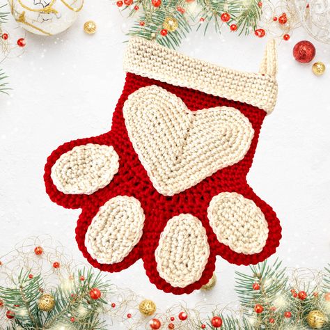 Paw Print Crochet, Crochet Cat Stocking Pattern Free, Crochet Dog Stocking, Crochet Christmas Stocking Pattern Free, Crochet Cat Stocking, Dog Stocking Crochet Pattern, Crochet Pet Stocking, Christmas Stocking Crochet Pattern, Crochet Dog Christmas Stocking