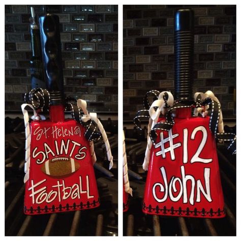 Football Cowbells Ideas | Football Season! Team Spirit!! Cowbells!! Diy Football Fan Gear, Football Cowbells Ideas, Cow Bells Football, Cow Bell Decor Ideas Football, Football Cowbell Ideas, Spirit Cowbell, Cowbell Decorations Football, Football Cowbells, Cowbell Decorations