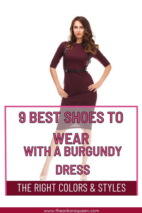 A young woman stands with both hand on her hips wearing a burgundy dress. Burgundy Dress Accessories Shoes, Burgundy Dress Heels, Heels For Burgundy Dress, Heels For Maroon Dress, Makeup With Wine Dress, Style Burgundy Dress, Burgundy Dress Outfit Wedding Guest, Shoes For Burgundy Dress, Old Rose Color Dress