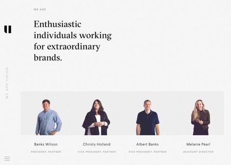 Union - Awwwards SOTD Meet Our Team Design Layout, Team Profile Design, Editorial Team Page Design, Our Team Website Design, Our Team Page Design, Co Working Space Website Design, Team Website Design, Minimal Company Profile, Company Profile Black And White