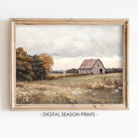 Printable Muted Autumn Barn Wall Art, featuring a vintage farmhouse decor with a wildflower print. This rustic cottagecore piece highlights a field country landscape painting, offering a serene and nostalgic touch. Ideal for adding a warm, earthy charm to your space with its muted autumn tones and classic countryside elegance. ------------------------------------------------------- -- DIGITAL DOWNLOAD -- No Physical Item will be Shipped -- This high-resolution PRINTABLE art is available to downl Old Farmhouse Paintings On Canvas, Vintage Cottage Painting, Cottage Core Printable Wall Art, Cottage Core Landscape Painting, Vintage Countryside Painting, Barn Wall Art, Vintage Farmhouse Decor, Country Landscaping, Vintage Farmhouse