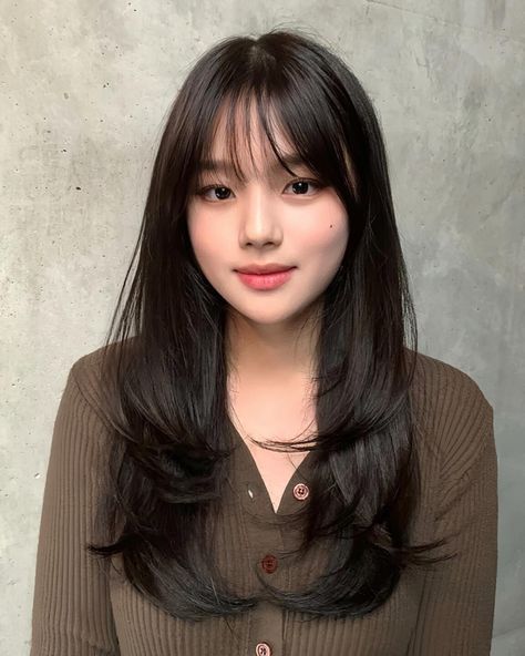 Twist Korean Bangs And Layers, Korean Bangs Straight Hair, Long Asian Hair With Bangs, Korean Midlength Hairstyle Women, Korean Layers With Bangs, Korean Haircuts For Long Hair, Korean Soft Bangs, Bangs For Asian Hair, Korean Medium Length Hair