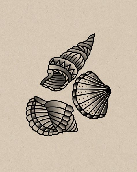 Sea Themed Traditional Tattoo, Old School Beach Tattoo, Seashell Traditional Tattoo, Shell Traditional Tattoo, Old School Shell Tattoo, American Traditional Shell Tattoo, American Traditional Seashell Tattoo, Traditional Seashell Tattoo, Traditional Shell Tattoo