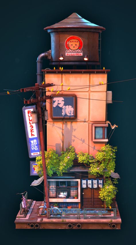 ArtStation - Stylised Ramen Shopfront Diorama, Toby Hunt Japan House, Scale Art, Isometric Art, Scene Art, Building Art, Lighting Setups, 3d Modelling, Architecture Exterior, Model Railway