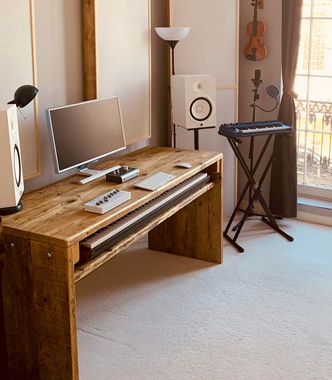 Computer desks - Chunky Studio Furniture - Built from reclaimed wood Desk Plans Woodworking, Music Production Desk, Sliding Shelf, Piano Desk, Container Cabin, Computer Desks, Sliding Shelves, Studio Desk, Studio Furniture