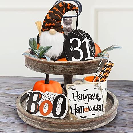 Halloween Wooden Signs, Wooden Tiered Tray, Wooden Halloween Signs, Halloween Table Centerpieces, Happy Halloween Signs, Cute Gnomes, Haunted House Party, Halloween Centerpiece, Wooden Bead Garland