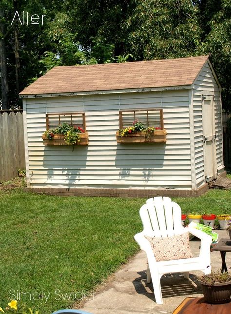 Their backyard was "bland with no gardens and an old shed," but her $10 idea changed everything! Shed Landscaping, Shed Windows, Shed Makeover, Shed Decor, Fake Window, Window Planters, Faux Window, Window Planter Boxes, Backyard Sheds