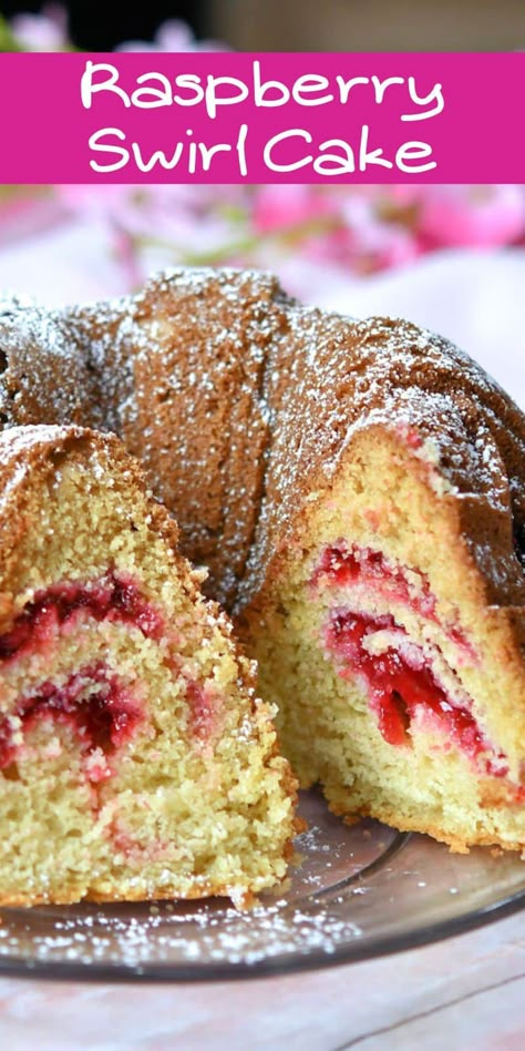 Raspberry Swirl Cake is a deliciously moist cake with a generous ribbon of raspberry through the middle. Lightly sweet, it works as a bundt cake dessert or coffee cake. Cake With Hole In The Middle, Raspberry Bundt Cake Recipes, Bundt Cake With Filling In The Middle, Bundt Cake With Filling, Filled Bundt Cake Recipes, Senior Cakes, Bundt Cake Icing, Bundt Cake Frosting, Raspberry Swirl Cake