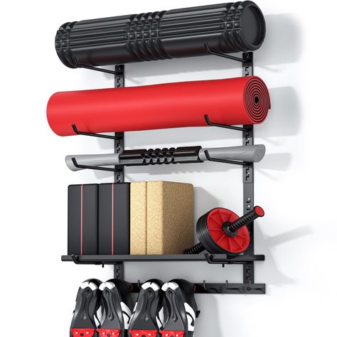 PRICES MAY VARY. Revolutionize with 3 Storage Zones: Elevate your fitness space with Crostice's gym wall storage rack; it includes one 20" wide board, 4 pairs of adjustable holders, and 8 multi-function hooks; masterfully organizes shoes, bands, yoga mats, and more Customizable: Experience unmatched flexibility with this adjustable gym rack; easily modify holder heights and shelf positions to suit your evolving needs; experience endless combinations; now make a one-time investment and get a vari Gym Corner At Home, Half Garage Gym Ideas Small, Workout Room Organization, Garage Gym Ideas Small, Mini Gym At Home Ideas, Home Gym Organization, Home Gym Storage, Gym Organizer, Gym Storage