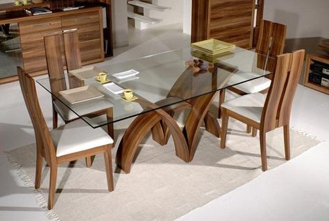 glass top tabled for dining room design and decorating ideas Table Design Glass Top, Contemporary Dining Table Design, Glass Kitchen Tables, Glass Dining Table Set, Glass Dining Room Table, Wood Dining Room Table, Chair Design Wooden, Glass Top Dining Table, Wood Dining Room