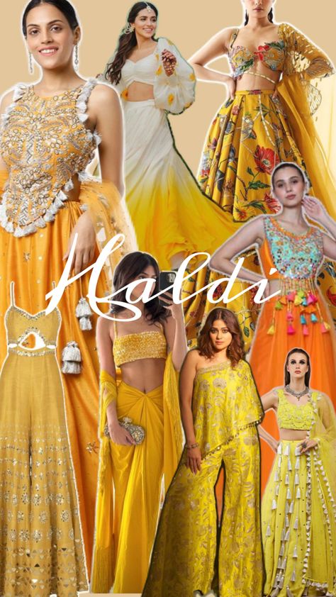 Bright Yellow outfits with various styles of silhouettes & different types of surface ornamentation Ceremony Outfit, Haldi Ceremony Outfit, Haldi Outfits, Outfit Collage, Haldi Ceremony, Indian Outfit, Instagram Story Ideas, Indian Dresses, Instagram Story