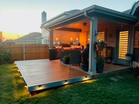 Flat Deck Ideas Backyards Patio, Back Deck Extension Ideas, Wood Deck Extension Off Concrete Patio, Concrete Extension Patio, Deck Extension Ideas Backyards, Alfresco Extension Ideas, Patio Extension Ideas Concrete, How To Extend A Deck, Back Porch Extension Ideas