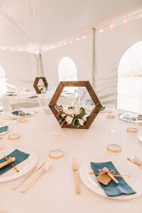 Hannah and Ryan Welton - Kristin Brown Photography Wedding Hexagon Centerpieces, Hexagon Wedding Table, Hexagon Centerpiece Wedding, Hexagon Wedding Decor, Hexagon Wedding Centerpieces, Cheap Centerpieces Wedding, Cheap Wedding Centerpieces Diy, Hexagon Centerpiece, Park Wedding Reception