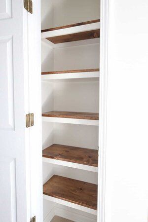 Small Pantry Wood Shelving Ideas, Small Kitchen Pantry Shelving Ideas, Make A Pantry Out Of A Closet, Hall Closet Shelves, Small Pantry Design Layout, Small Closet Shelving Ideas, Closet Shelving Ideas, Build Pantry, Build Closet