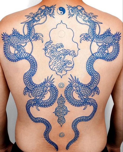 Porcelain Tattoo Design, Stomach Tattoo Cover Up, Blue Back Tattoo, Blue Japanese Tattoo, Blue And White Tattoo, Blue Dragon Tattoo Design, Blue Chinese Dragon Tattoo, Porcelain Dragon Tattoo, Blue Dragon Tattoo Japanese