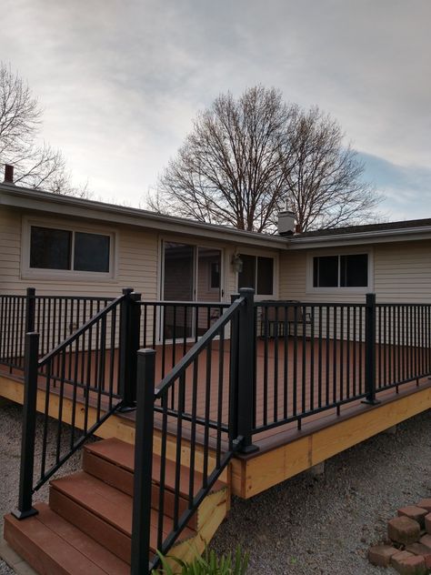 Trex Saddle, Deck With Railing, Deck Redo, Tree Deck, Trex Deck, Aluminum Railing, Vintage Lanterns, Backyard Oasis, Back Porch