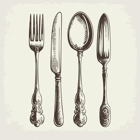 Premium Vector | A realistic handdrawn vector illustration sketch of a cutlery set including a fork spoon and knife arranged as a table setting Vintage Spoon Drawing, Knife And Fork Illustration, Cutlery Drawing, Spoon Sketch, Cutlery Illustration, Fork Drawing, Utensils Drawing, Fork Illustration, Black White Food