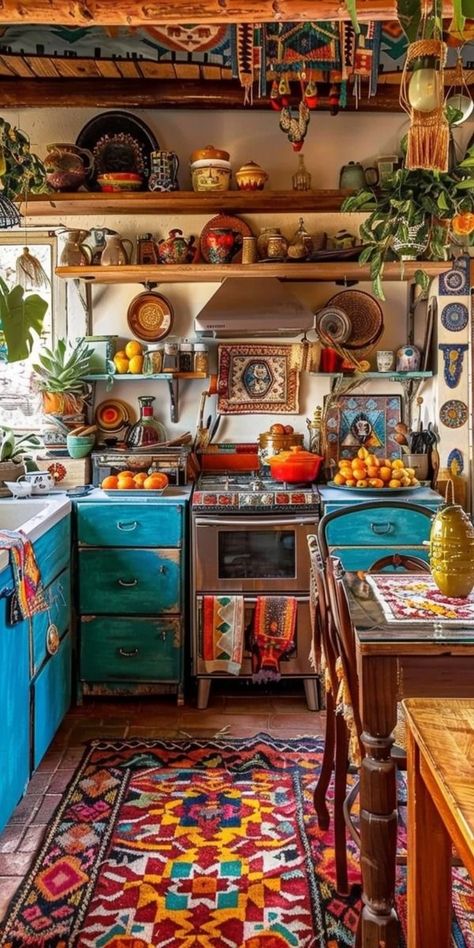 Eccentric Kitchen, Boho Style Kitchen, Bohemian Kitchen, Boho Styl, Colorful Kitchen, Eclectic Kitchen, Mexican Home, Boho Kitchen, House Decorating