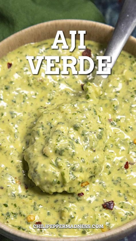 Aji Verde served in a big bowl. Verde Sauce Recipe, Aji Verde Sauce, Whipped Feta Cheese, Peruvian Chicken Recipe, Creamy Salsa, Green Herbs, Peruvian Dishes, Verde Sauce, Verde Recipe